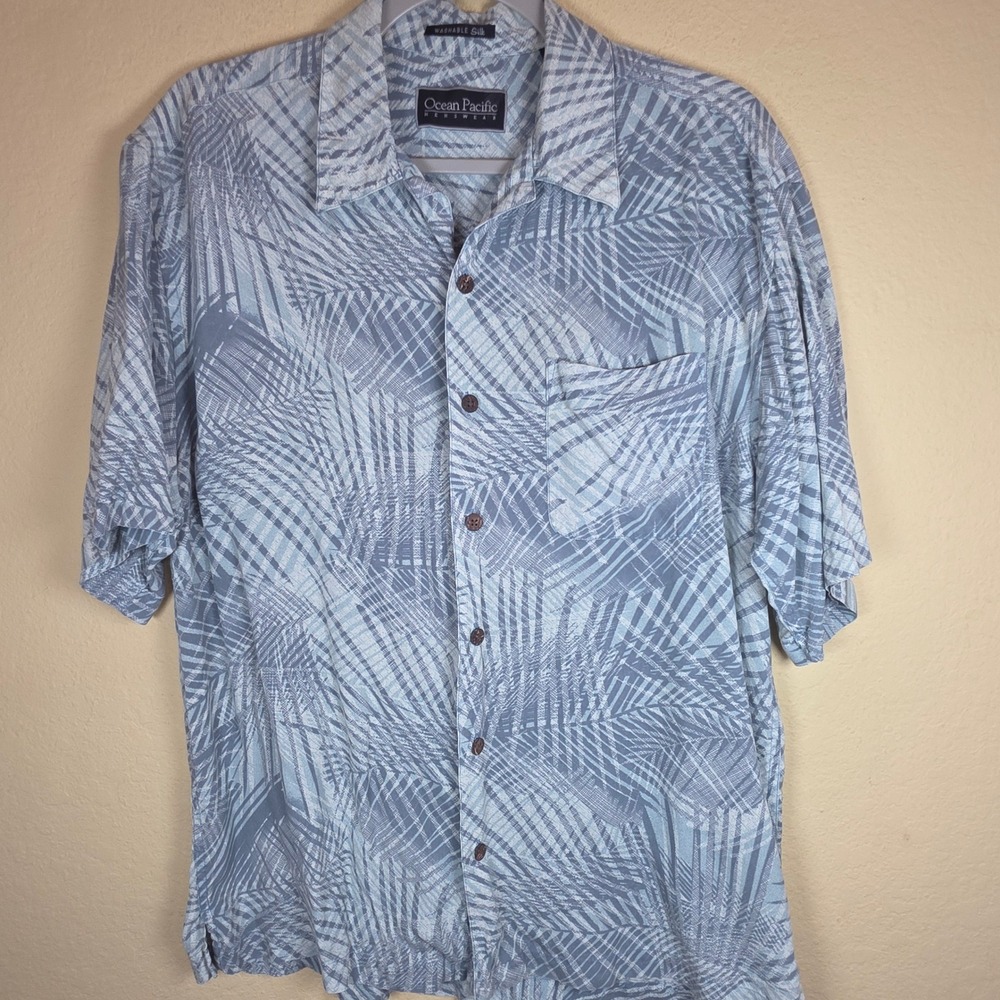 Ocean Pacific Mens Medium Blue Tropical Palm Leaf 100% Washable Silk Aloha Shirt